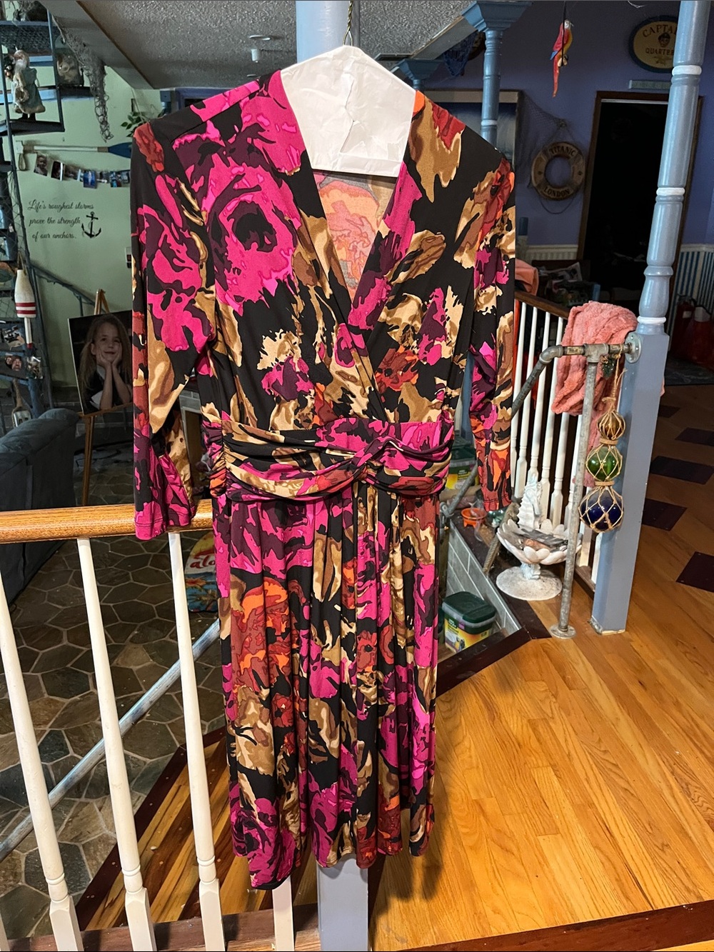 Floral Wrap-Style Dress in Black, Fuchsia & Brown